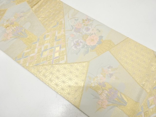 アンティーク　切りばめ風　生け花に古典柄織り出し袋帯（材料）